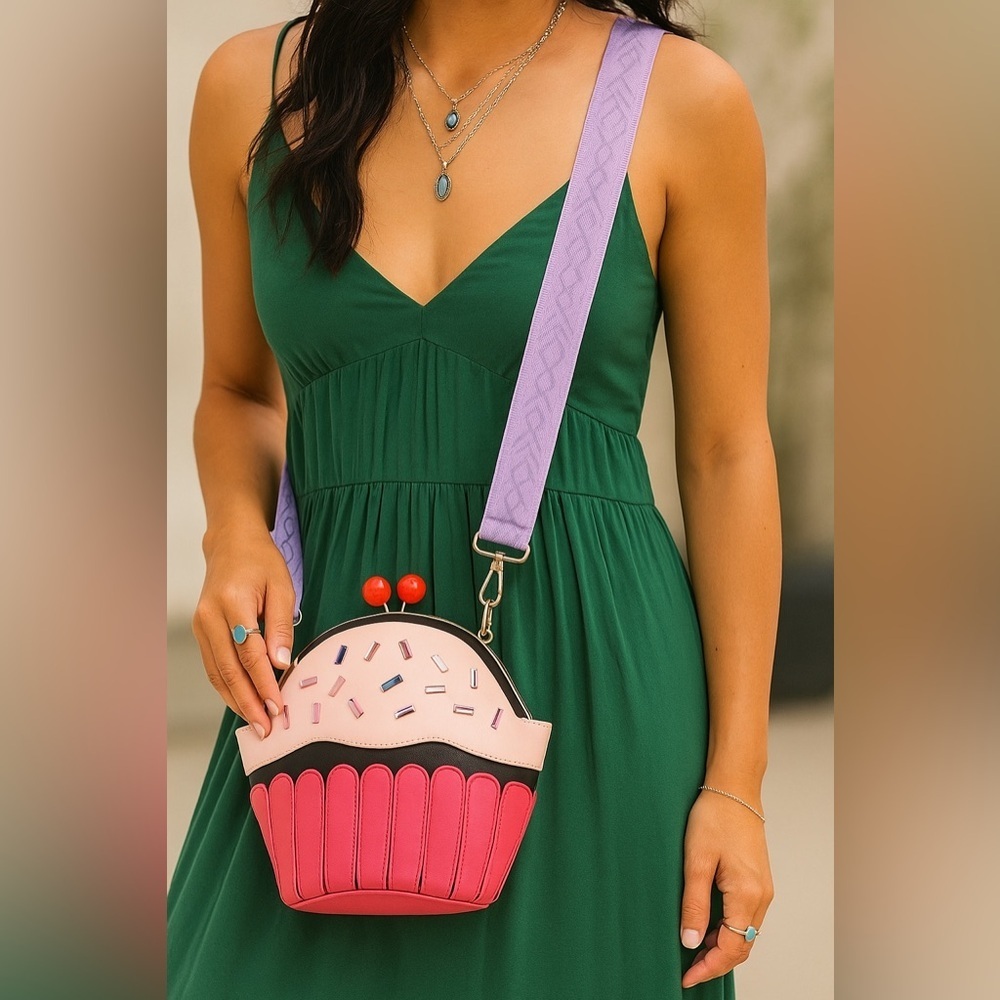 Cupcake Crossbody Purse with Embroidered Purple Strap – Fun Novelty Bag